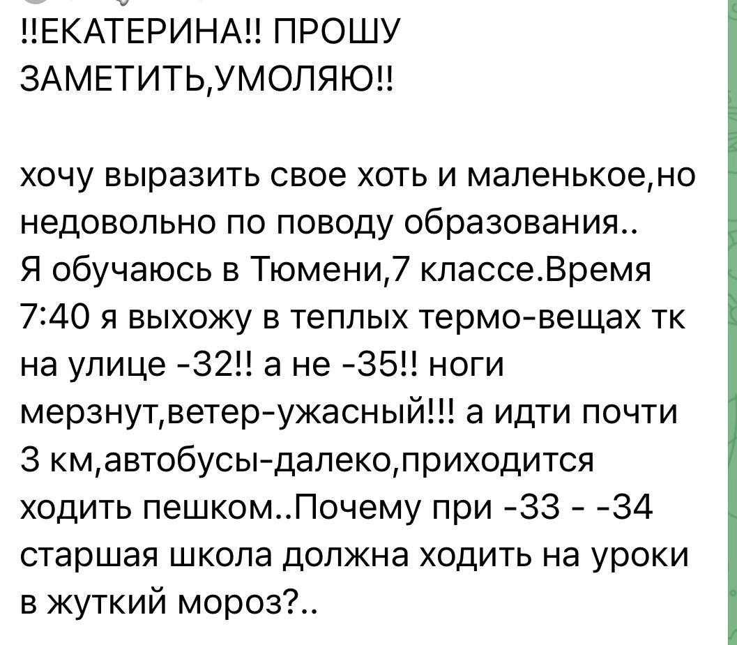 Екатерина Мизулина: В Тюмени какая-то беда с актировками: на улице очень сильные морозы, а отменяют занятия не у всех