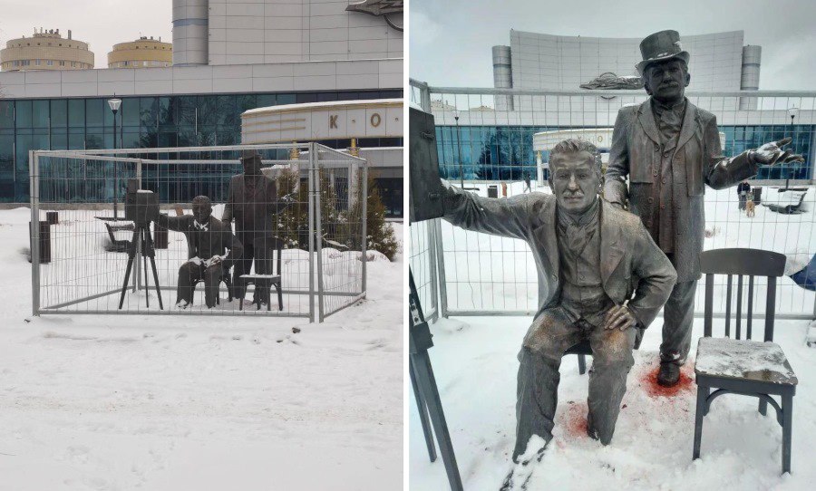 В Екатеринбурге «посадили в клетку» бронзовых братьев Люмьер, которых облили краской