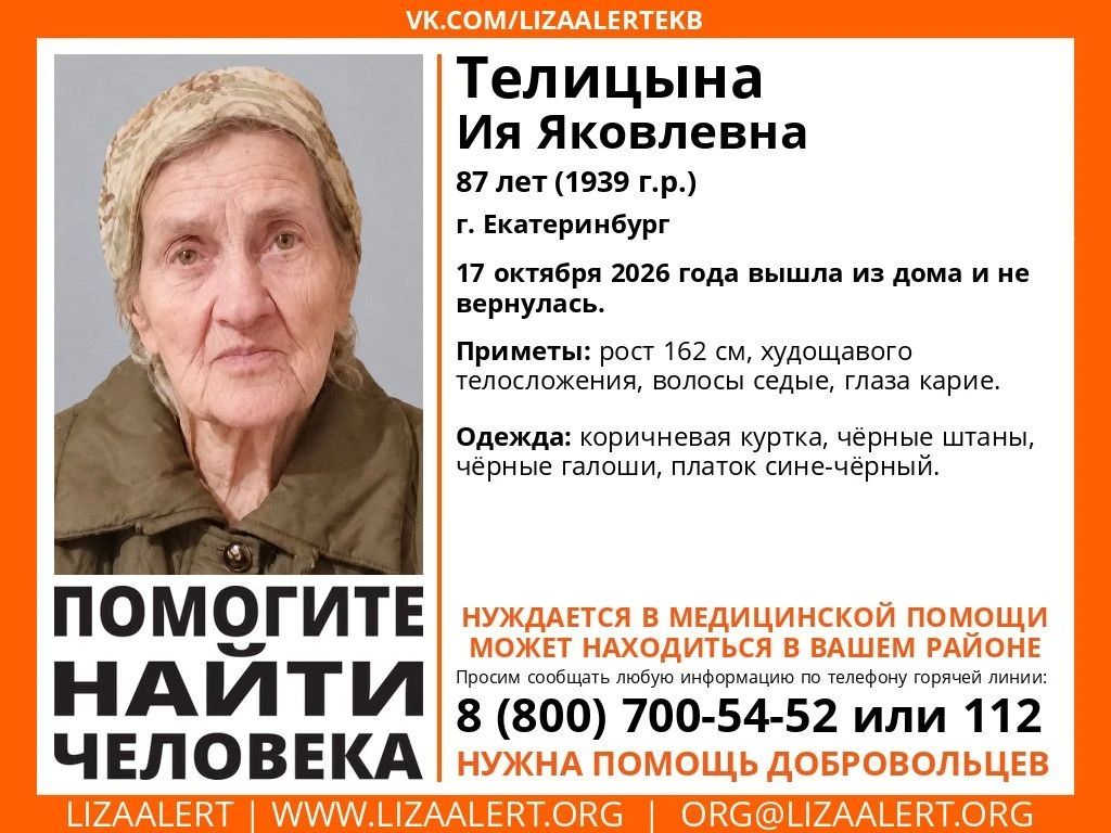 В Екатеринбурге пропала 87-летняя пенсионерка в коричневой куртке и платке
